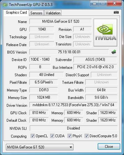 gpu-z ASUS GeForce GT 520 SILENT